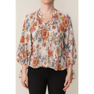 Nicole Miller Boho Floral Peasant Blouse Women’s Size XL Long Sleeve Tie Neck